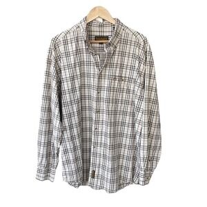 Timberland Mens Shirt Plaid Button Down Brown White Long Sleeve Cotton Large